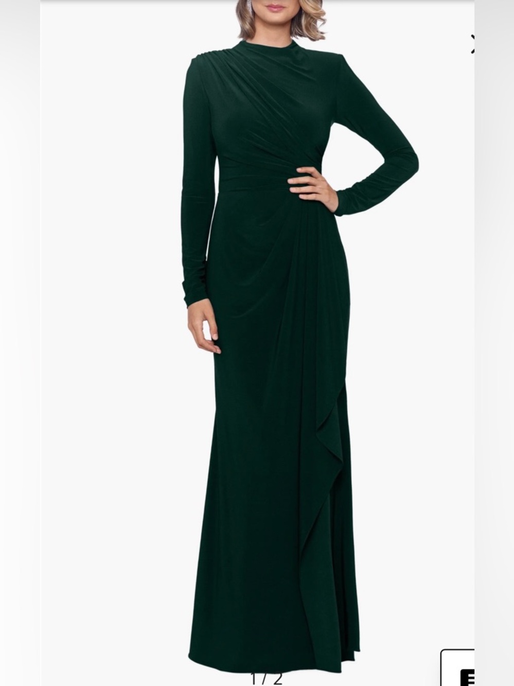 Betsy & Adam Forest Green Long Sleeve Draped Gown